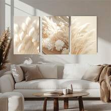 1/3 幅波西米亚植物花卉草芦苇墙面艺术装饰海报现代简约帆布印刷米色时尚画作客厅卧室家庭办公室宿舍装饰墙面背景设计画带框/无框