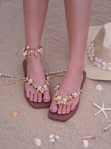 Summer Holiday Casual Starfish Studded Embellishment Flip Flops - Brown - View 3