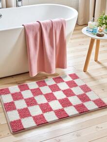1pc Pink Checkered Bath Mat, Soft Flocked, Non-Slip Bottom, Highly Absorbent, Breathable, Machine Washable, Suitable For Sink, Bedroom, Bathroom, Home Decor, Thick Flocked Material, Suitable For Entryway, Bathroom, Kitchen And Other Spaces - Multicolor - View 5