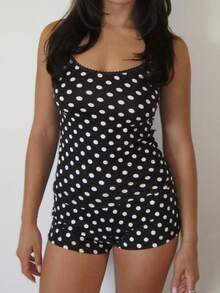 Women's Y2K Summer 2 Piece Cami Pajama Set Dot Print/Stripe Sleeveless Pjs Tank Tops And Shorts Sets Camisole Lounge Set Sleepwear - 黑色 - 查看 8