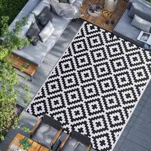 Outdoor Rug,Geometric Outdoor Rugs For Garden Patios Reversible & Easy Cleaning Decking Rug, Portable Comfortable Woven Waterproof Carpet - Black and White - View 17