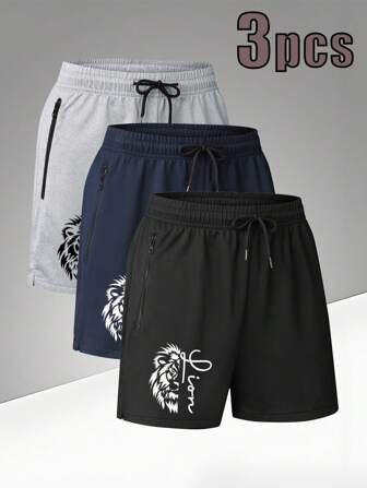 3 件男士休闲运动短裤，跑步，健身，透气弹力印花及膝短裤，户外沙滩短裤
