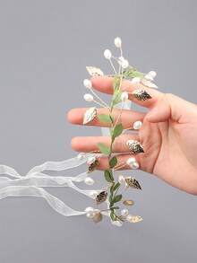 1pc Pastoral Style Ribbon & Faux Pearl Headband, Delicate Green Leaf Floral Wreath Headdress For Bridal Wedding Hair Accessories