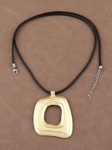 1 pezzo Collana con pendente quadrato asimmetrico e motivo geometrico traforato, catena lunga in corda di cera stile minimalista, adatta per uso quotidiano da donna