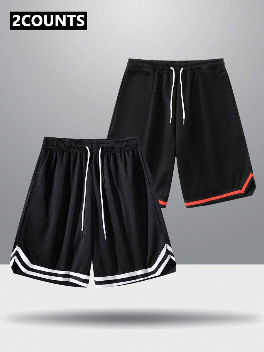 2pcs Men's Casual Solid Color Striped Cuffs Basketball Style Sports Shorts For Spring/Summer - Multicolor - View 1