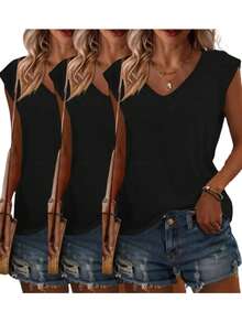Bộ 3 áo hai dây cổ chữ V dáng rộng màu đen dành cho nữ, thích hợp mặc mùa hè. - màu đen - Xem 1