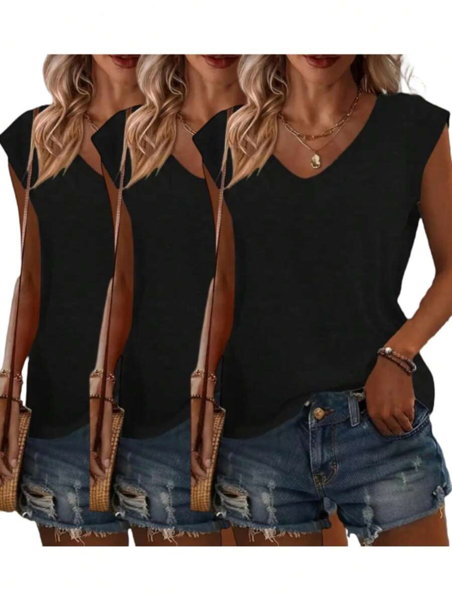 Bộ 3 áo hai dây cổ chữ V dáng rộng màu đen dành cho nữ, thích hợp mặc mùa hè. - màu đen - Xem 1