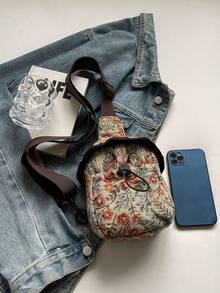 Bohemian Embroidered Floral Mini Crossbody Bag, Small Capacity Polyester Shoulder Bag With Zipper Closure And Lining - Pink - View 3