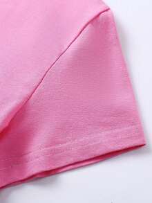 2025 Rave Party Outfit: 2pcs Neon Pink Women's Set | Cropped Sports T-Shirt And Shorts, Casual Sporty Style, Music Festival Essential, Streetwear, European Autumn Fashion, Back To School, Nightclub Attire, Going Out Look - Pink - View 7