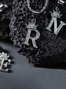 1 件不锈钢复古皇冠水钻首字母 A-Z 男女通用幸运项链，适合派对、日常佩戴、情人节、母亲节、父亲节等节日礼物 - 金色 - 查看 10