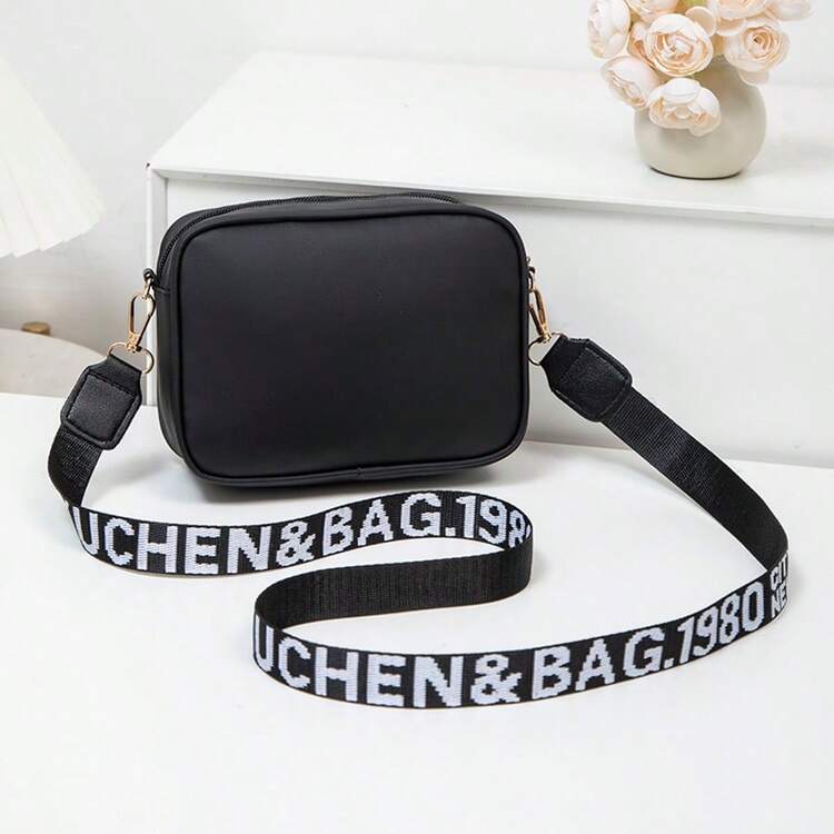 新款时尚纯色格子刺绣相机包，百搭字母肩带搭配金属装饰斜挎包，简约风格，适合户外旅行，高品质单肩包 - 黑色 - 查看 6