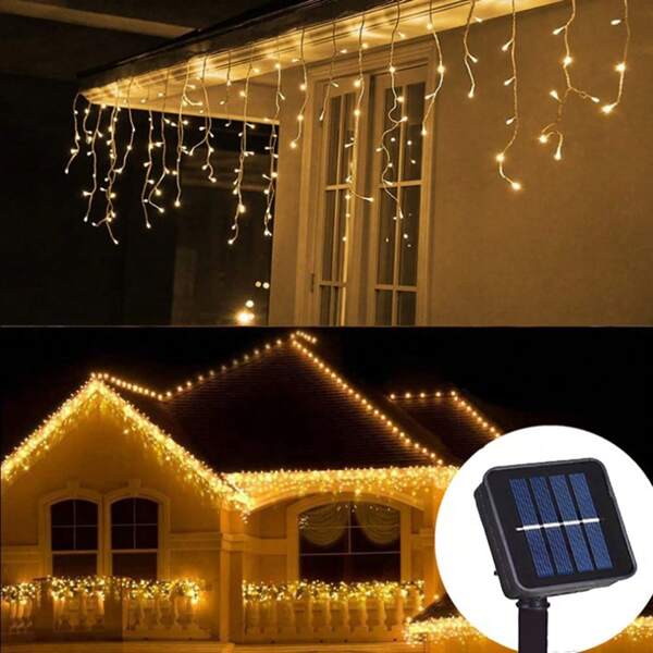 1 peça de luzes de fadas solares de pingente de gelo, alimentadas por energia solar, LED, cordão de luzes para pátio, guirlanda de Natal para festa de jardim, casamento, terraço, acampamento, pátio, decoração de Natal, lâmpadas