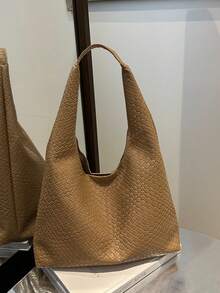 1 件女士纯色 PU 皮革时尚大容量单肩包，适合日常使用 - 卡其色 - 查看 6