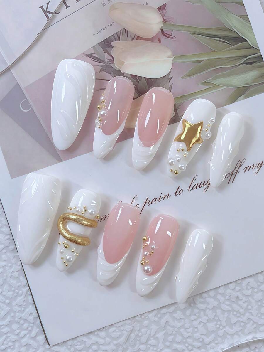 10pcs Y2K Nails Almond-Shaped Press On Nails Set - Handcrafted, Pink And White Nails, White French Tip Style, Hand Drawn Golden Star And 3d Golden Line Pattern, Hand Drawn 3d Transparent Asymmetrical Line Pattern, Golden Steel Ball And White Peal Accents, Perfect For Parties & Casual Attire,Perfect Holiday Gift For Women And Girls, Includes Tool Kit. - View 1