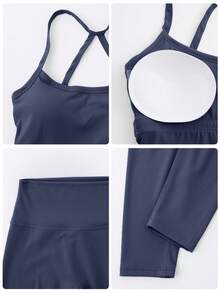 NcmRyu 1 套女式工字背心和裤子，瑜伽普拉提跑步训练休闲运动套装 - 藏蓝色 - 查看 4