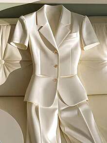 2 件套女士泡泡袖上衣和长裤商务套装、工作装 - 香檳色 - 查看 2