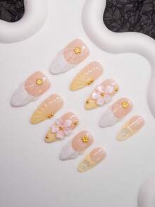 Uñas postizas hechas a mano con forma de almendra, estilo Y2K baddie, en colores blanco, nude y amarillo con puntas francesas, elementos de flores y cuentas, brillantes, 10 piezas/paquete con 3 opciones de tamaño, adecuadas para fiestas, bodas y uso diario, con kit de herramientas, gran regalo para mujeres y niñas. Uñas postizas y suministros para uñas - Multicolor - Ver 3