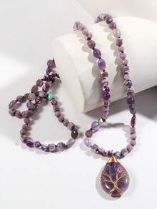 Bohemian Style Tree Of Life Pendant Necklace - Natural Tiger's Eye Stone, Handcrafted With Oval Amber, Golden Accents, Black And Brownish-Orange, For Men And Women Necklaces For Women Jewelry Women Accessories Women - Pendant Necklace - View 3