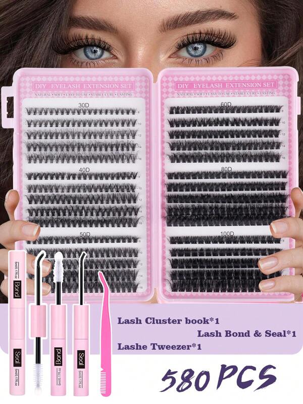 طقم وصلات شعر الرموش 580 قطعة، طقم وصلات الرموش DIY، طقم عناقيد الرموش D Curl، طقم ملحقات وصلات الرموش بالراتنج والختم والأداة الخاصة، طقم رموش لحالات الاستخدام اليومي والحفلات والسفر أو كهدية لأسرتك وأصدقائك
