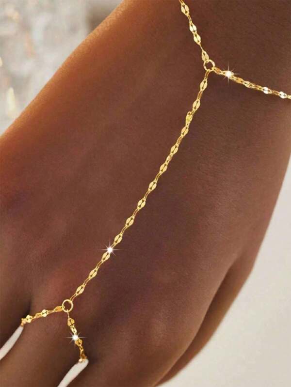 1pc 18k Stainless Steel Lip Chain Gold Color Linked Finger Chain, Fashion Versatile Personalized Bracelet, Suitable For Daily Wear