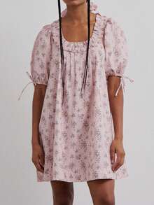 Women Summer Puff Sleeve Cherry/Floral Print Mini Dress Square Neck Ruffle Trim Casual Loose Short Party Dress Nightdress - 粉色 - 查看 2