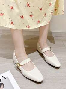 法式时尚通勤低帮鞋女韩版仙女风粗跟玛丽珍鞋系带扣小皮鞋大码41-43 - 白色 - 查看 6