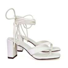 XY LONDON Kiko Women's Lace Up Thong Strap Mid Block Heels, Toe Post, Square Toe, Heeled Sandals, Black, Green, Silver, White, Synthetic Leather, Nightclub Style, Sexy, Party, Spring, Summer - White - View 3