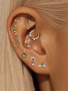 1PC 925 Sterling Silver Natural Green Agate Crown Devil's Eye Marquise Flat Back Cartilage Helix Piercing Fine Jewelry For Daily Wear Wedding Party Engagement Anniversary Valentine's Day