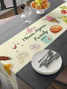 1 pièce Chemin de table en lin personnalisé avec un motif de puzzle alimentaire et floral, décoration d'intérieur personnalisée, forme rectangle allongée, pour table de salle à manger, cadeau