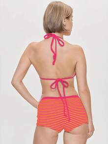 新款女士黑白条纹印花三角比基尼上衣搭配系带低腰比基尼泳裤，性感简约比基尼套装