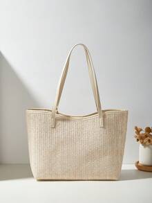 2-Piece Set: Fashionable Straw Tote Bag & Shoulder Bag - Beige - View 3