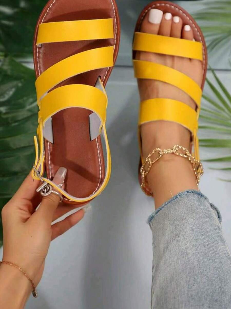 2025 女士大码夏季时尚休闲户外凉鞋，优雅系带沙滩凉鞋 - 黃色 - 查看 1