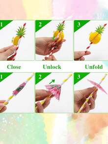 水果图案纸吸管、热带派对套装、夏威夷吸管和 3D 水果伞、纸质西瓜和菠萝鸡尾酒装饰、带有节日 3D 蜂窝支架的夏季派对配件，可用于生日派对装饰、饮料和圣诞礼物 - 彩色 - 查看 3