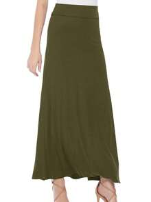 Maxi Length High Waist Foldable Waistband Solid Skirt  Plain  Casual  Elegant  Knitted Fabric        Home  Office  Street  Daily - 橄欖綠 - 查看 2