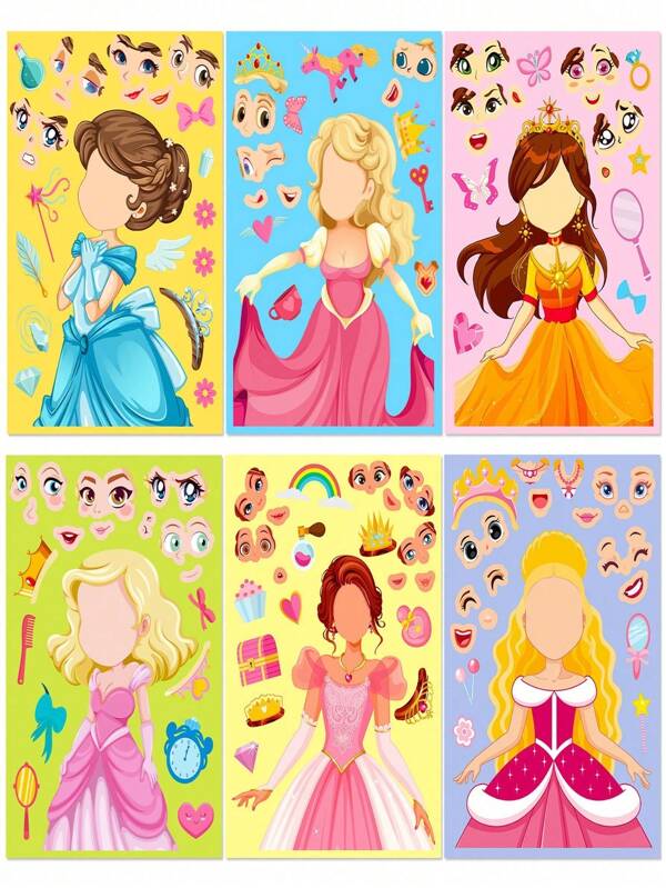 Set de 6 piezas/paquete de Pegatinas con puzle de intercambio de caras de princesa, pegatinas de puzle para armar caras