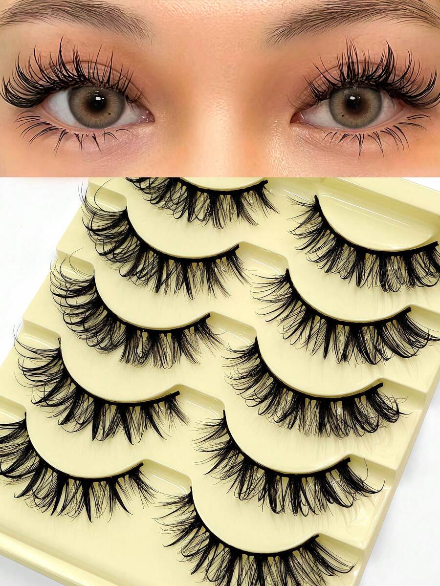Asiteo 5 Pairs Manga Style False Eyelashes Cat Eye Eyelashes Look Moist Eye End Elongated Spiky Manga Fake Lashes Faux Mink Lashes Natural Look Eyelashes Extension Makeup - 尖尾漫畫款 - 查看 1