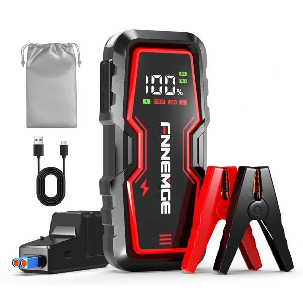 FNNEMGE Arrancador de Coches, 5000A Arrancador Batería Coche (para Todo vehículo de Gasolina o 8,0L de Motordiésel),Booster Bateria, con Puerto de Salida USB, Luz LED, Pantalla Grande HD.