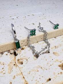 3 Pcs Exquisite Chain Dangle Hoop Earring Stud Sets For Women Emerald Green CZ Flower Cartilage Piercing Earrings Fashion Jewelry, Hypoallergenic 14K Gold Plated Dangle Earrings Dainty Small Long Chain Earring