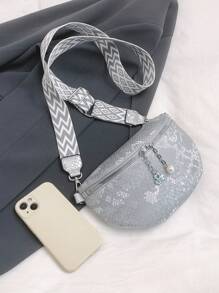 1pc Snakeskin Fashion Sport Fanny Pack, Boho Style Contrast Color Wide Strap, Faux Pearl Flower Zipper Crossbody Shoulder Bag For Women, Suitable For Daily Use And Gift