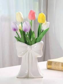 1 pieza Jarrón de cerámica creativo con lazo, adecuado para decoración de habitación, sala de estar, decoración del hogar, escenario, dormitorio, estilo decorativo, color rosa, blanco, rojo, verde