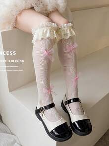 Girls Thin Lace Trim Socks, Solid Color Bowknot Lolita Style Hollow Out Long Socks No Show Ankle Socks, Summer - Multicolor - View 3