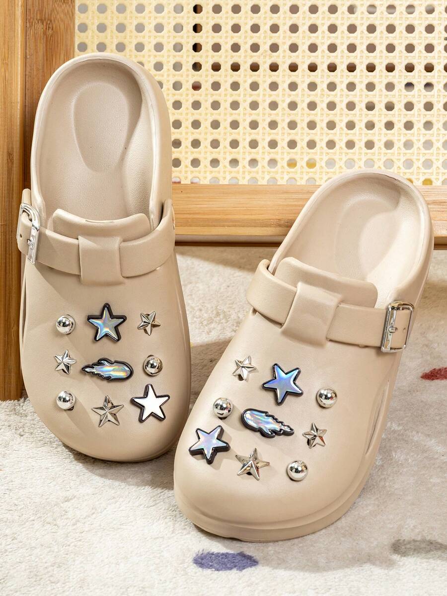 女式可调节DIY水晶钻发光孔洞一脚蹬凉鞋，适合户外、海滩、居家，四季皆宜