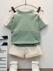 Infant/Toddler Letter Print Contrast Color Round Neck Short Sleeve Shorts Set, Summer - Green - View 2