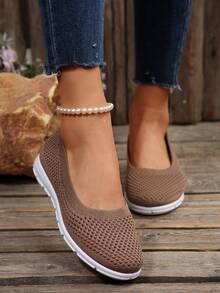 休闲刺绣透气一脚蹬平底鞋，夏季新款棕色圆头户外步行鞋，时尚百搭舒适轻便帆布鞋 - 咖啡棕 - 查看 3