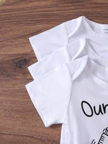 3pcs/Set Newborn Infant Casual Cute Father's Day Letter & Cartoon Print White Romper Suit, Summer