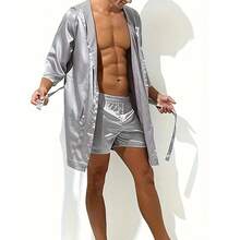 Summer Loungewear | Simple Casual Robe | Silky Texture Shorts,Men's Ice Sliky Fiber Fabric Two-Piece Hooded Robe Basic Long Robe + Shorts - Granny Gray - View 3