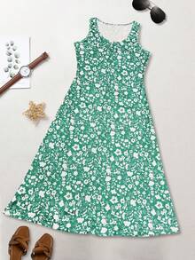 Casual Vacation Style Ditsy Floral Slim Fit Flattering Dress For Women, Versatile For Outings, Spring/Summer Elegant - Green - View 3