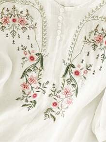 Women's Lightweight Sheer Floral Embroidered Round Neck Casual Loose Blouse, Spring/Summer