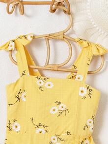 Young Girl Plaid Strap Summer Dress With Floral Print & Ruffle Trim, Fresh Design, Must-Have - Yellow - View 3