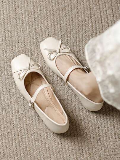 女士时尚方头一脚蹬白色蝴蝶结装饰鞋，休闲办公百搭平底鞋，适合春夏户外穿着，高端品质休闲玛丽珍芭蕾平底鞋，适合派对、婚礼穿着